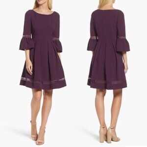 ELIZA J Bell Sleeve Lace Inset Fit & Flare Dress Plum Purple Size 18